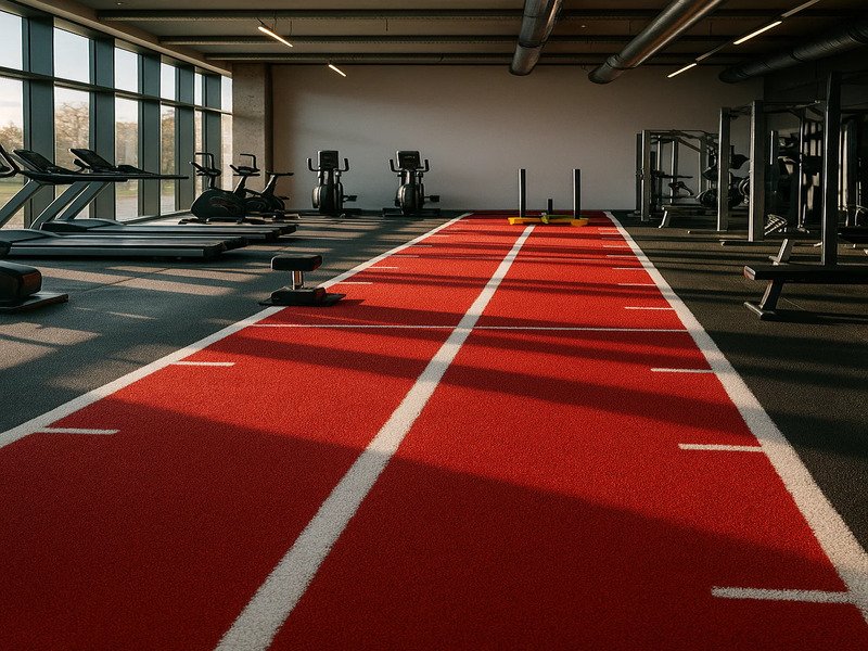 Современный тренажерный зал с ярко-зеленой дорожкой с искусственным покрытием для толкания саней и функционального тренинга.